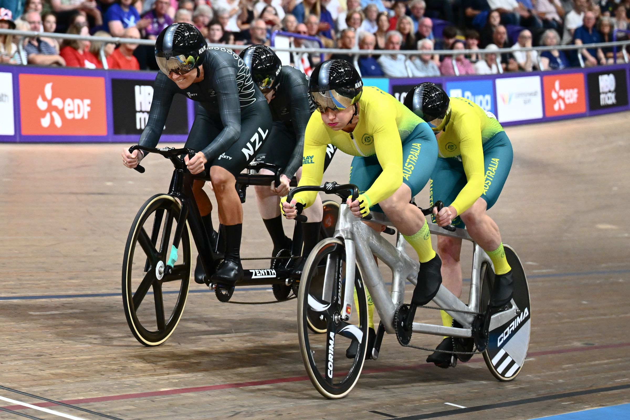 Jess Gallagher, piloted by Jacqui Mengler-Mohr, race for Australia against New Zealand in the Women's Tandem B Sprint at the 2026 Commonwealth Games in Glasgow, Scotland.